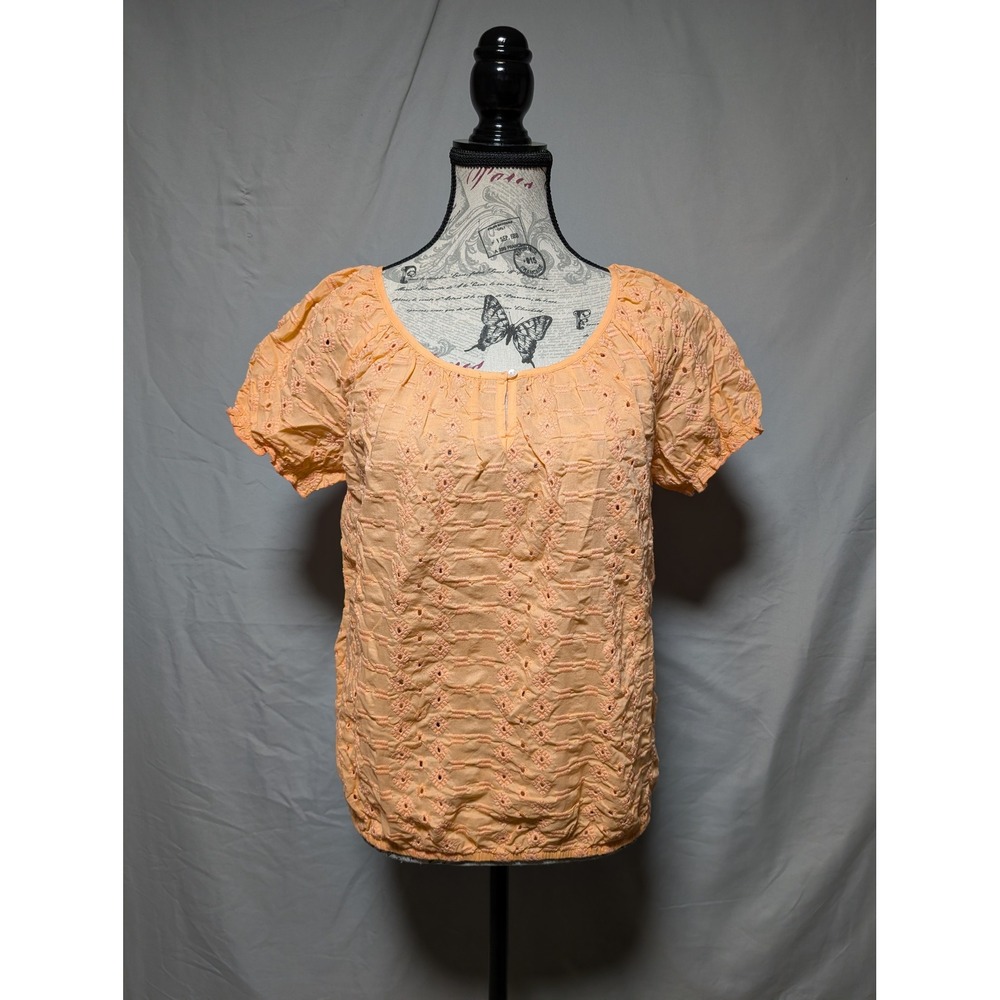 St. John's Bay Pink Peach Eyelet Short Sleeve Cotton Blouse Petite Medium